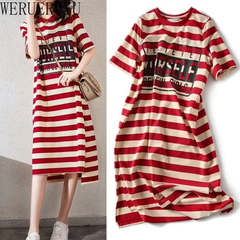 Winter Clothing Aesthetic - Gestreepte Korte Mouw Midi Jurk Zomer